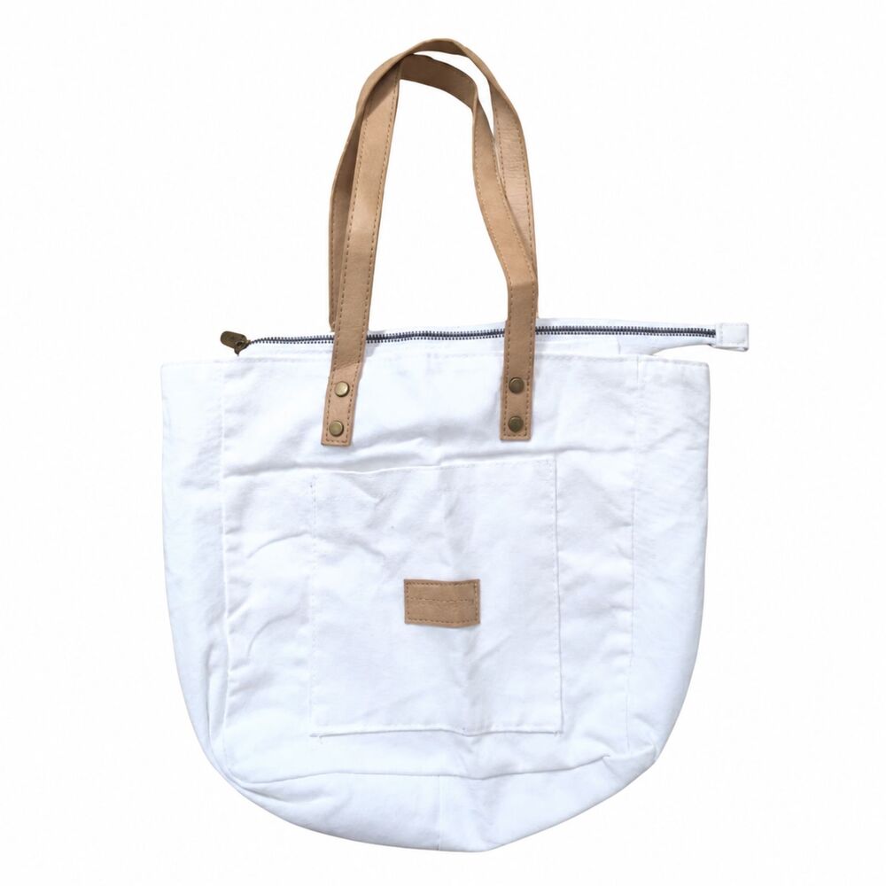 Cozy Earth Canvas Tote Bag White Tan Handles Zip Top Small Shopper Bag